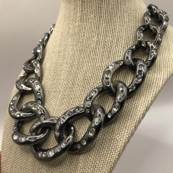 Vintage Kenneth Jay Lane (KJL) Gun Metal Rhinestone Chain Link Necklace - Picture 7 of 8